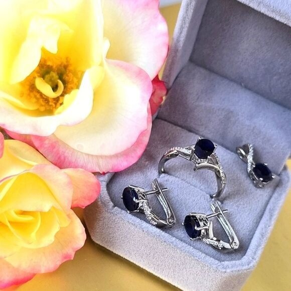 Natural Sapphire set "Afina" 925 Sterling Silver Earrings Pendant Ring 6.75/7.75 - Picture 2 of 10